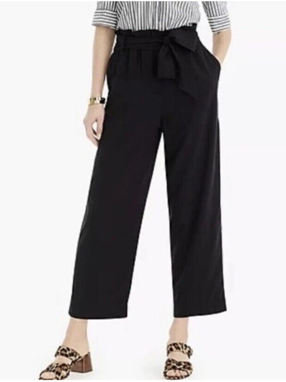 J Crew Point Sur High Waist Paperbag Waist Tie Wide Leg Black Crop Pants Size 8